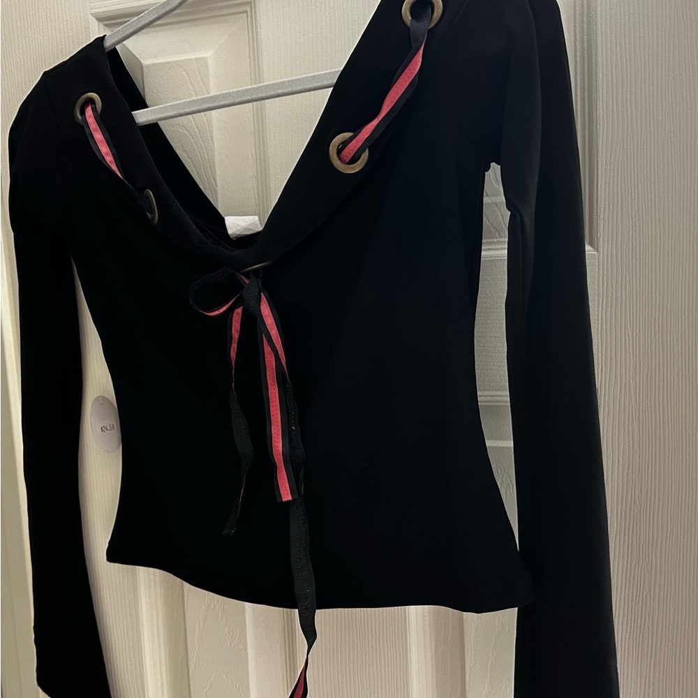 NWT Black slit Sleeve off shoulder top with ribbon and metal grommet trim, L